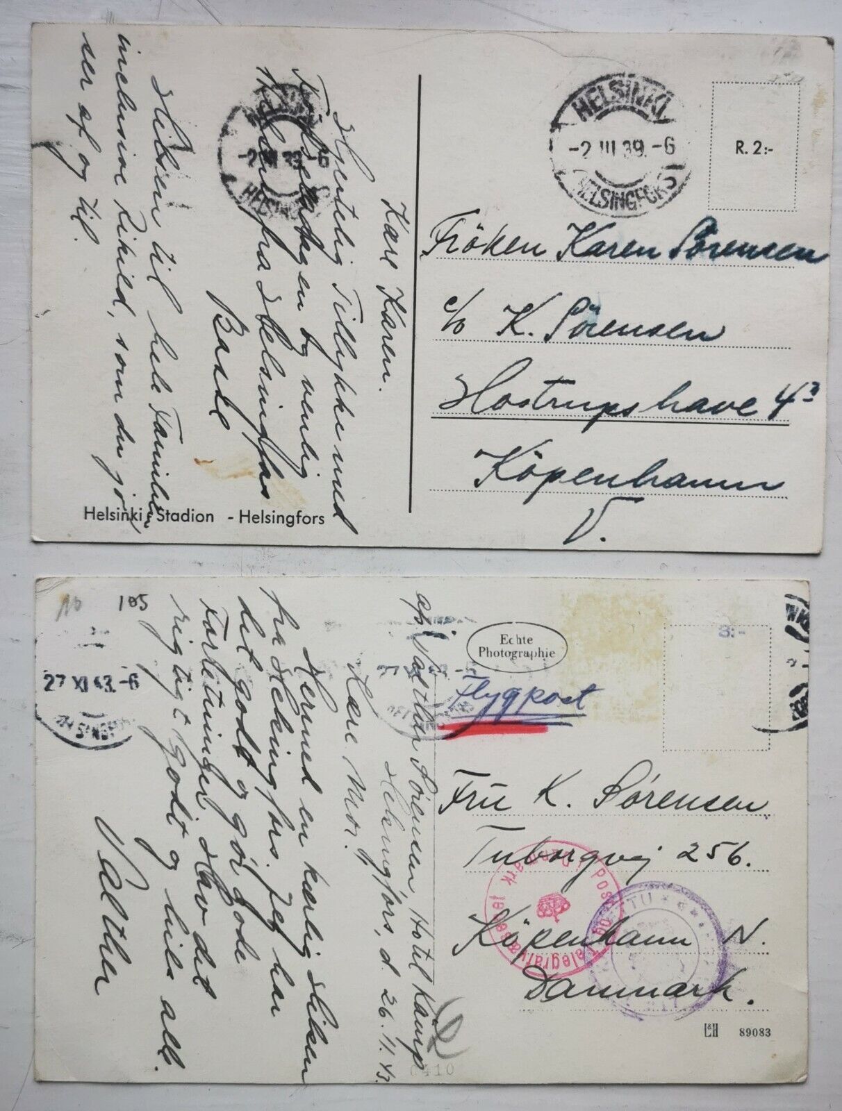 Two old photo postcard: Motifs from Helsinki Finland Mailed to Denmark pok1371