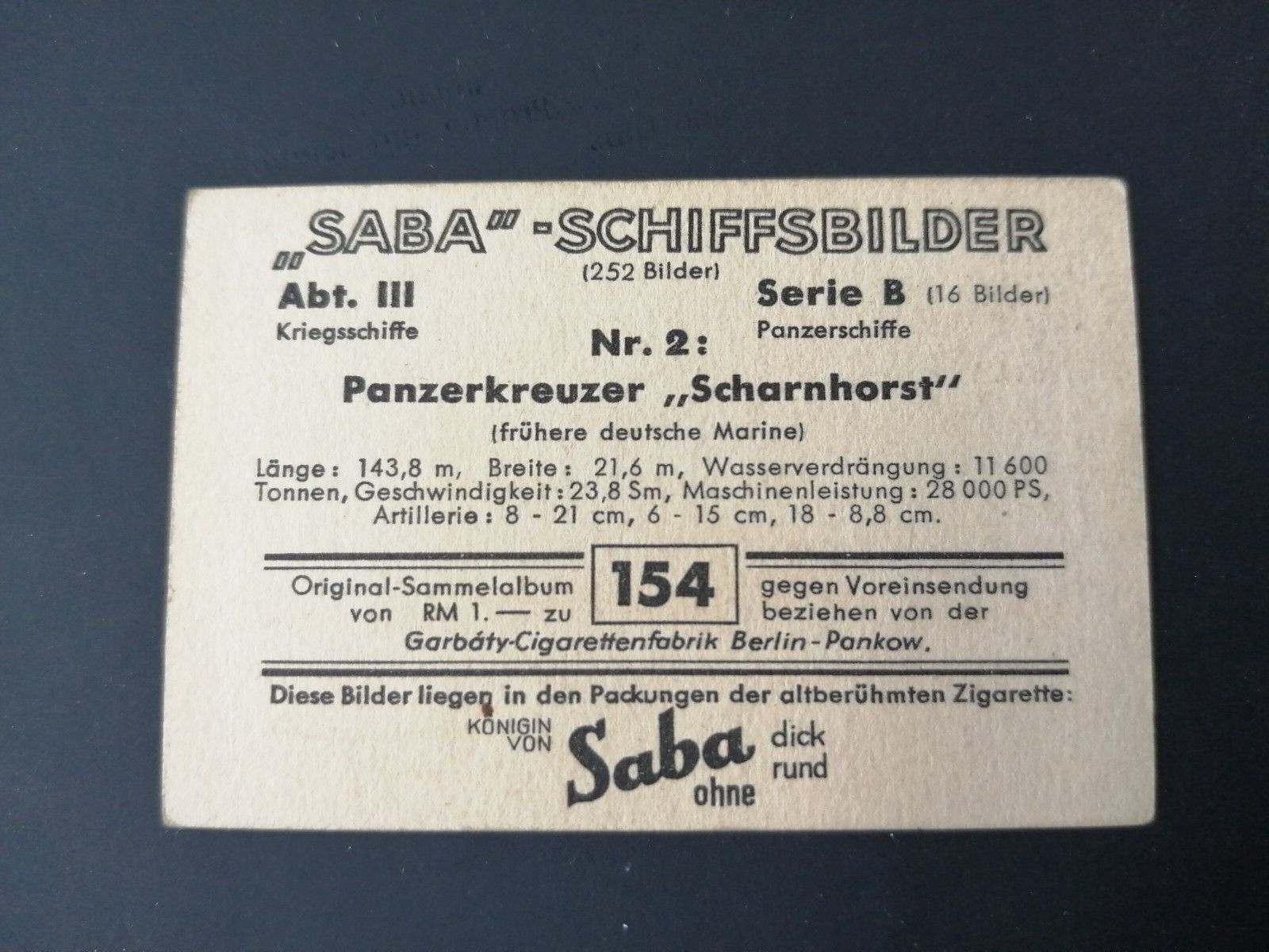 German SABA tobacco ship trading card 1931-33No 154 "Scharnhorst"