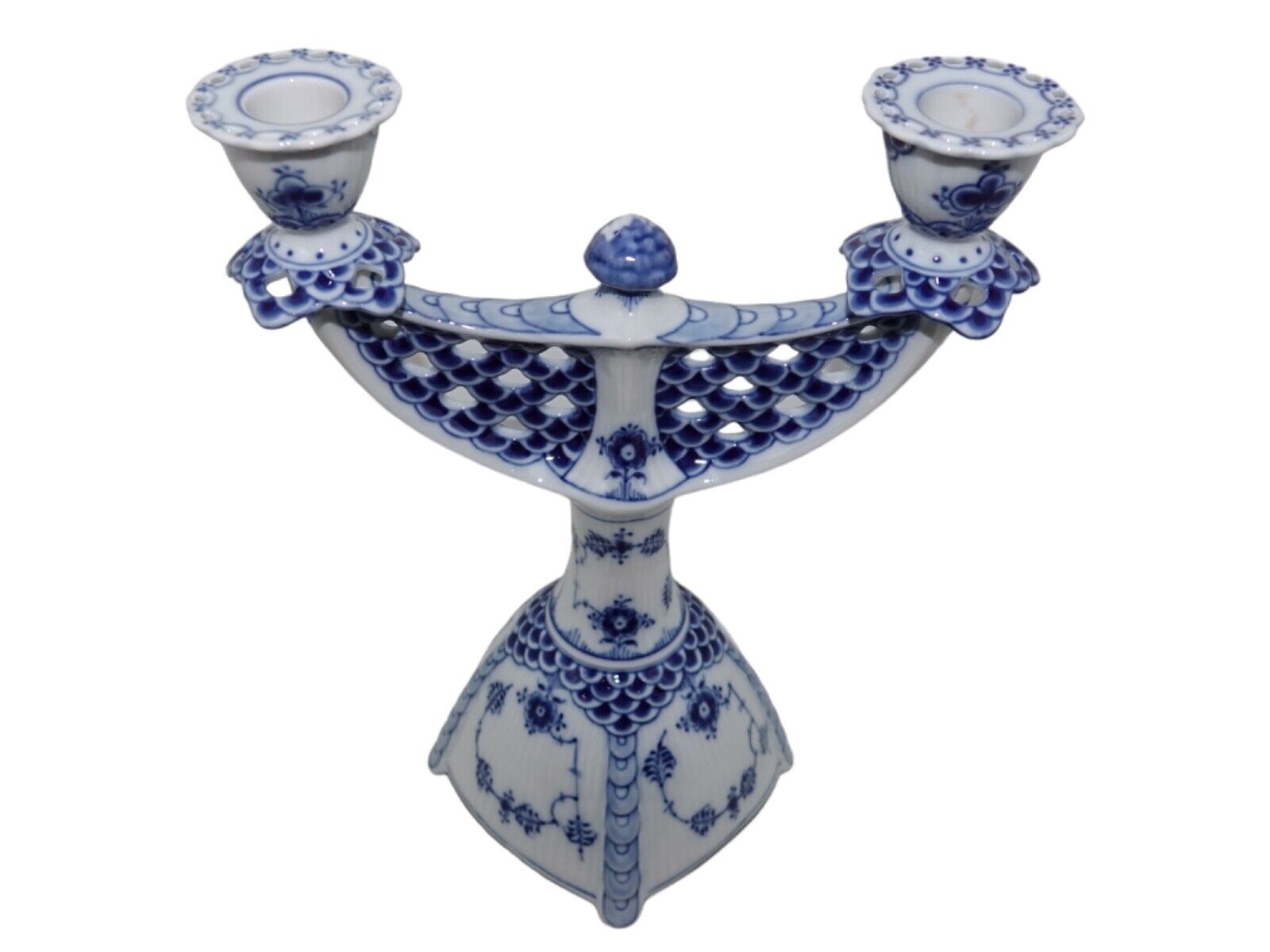 Royal Copenhagen Blue Fluted Full Lace two-armed candlelight holder