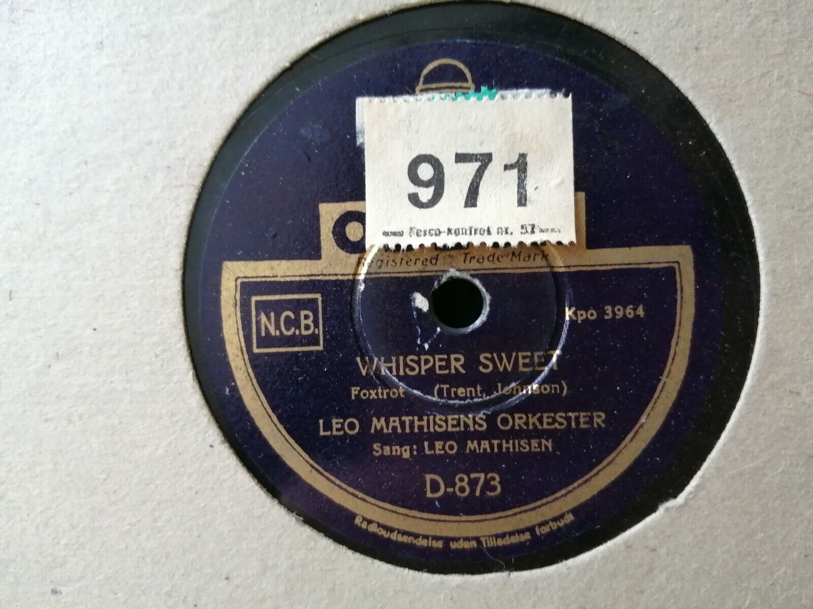 78 rpm shellacLEO MATHIESENWhisper Sweet/HarlemDanish JazzOdeon D-873