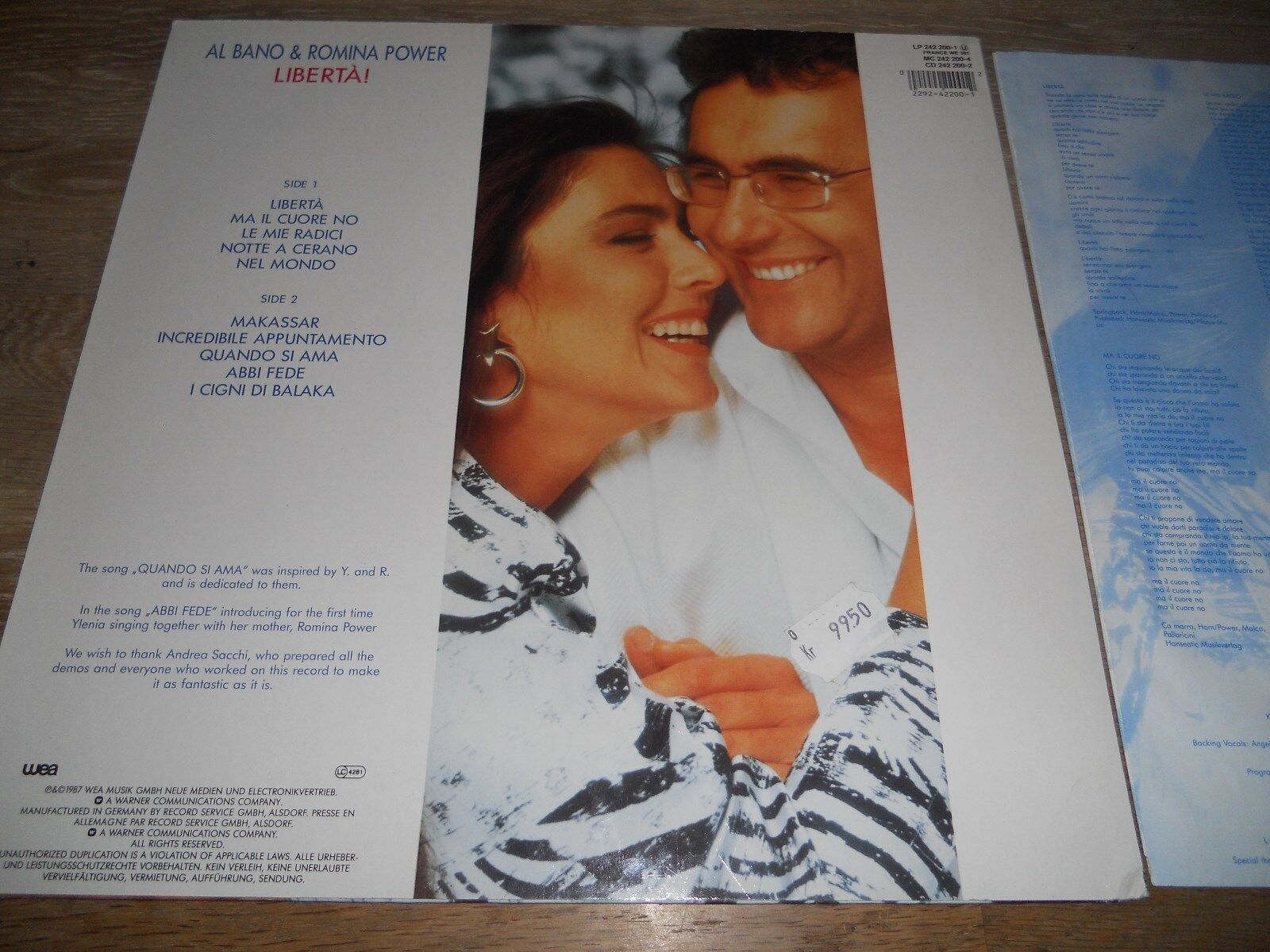 AL BANO  ROMINA POWER "LIBERTÁ" 1987 WEA RECORDS GERMAN PRESSED LP INNERSLEEVE*