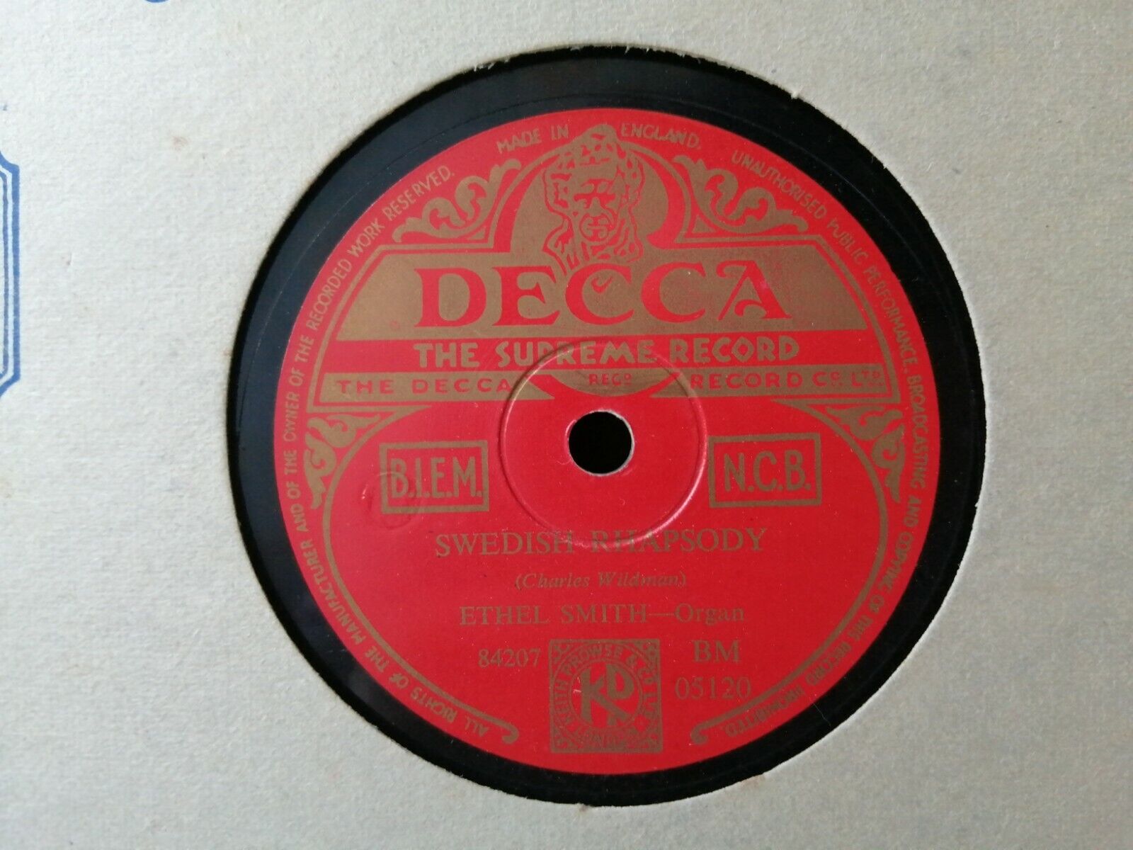 78 rpmETHEL SMITH  on organSwedish Rhapsody/Three Cornered Tune Decca UK