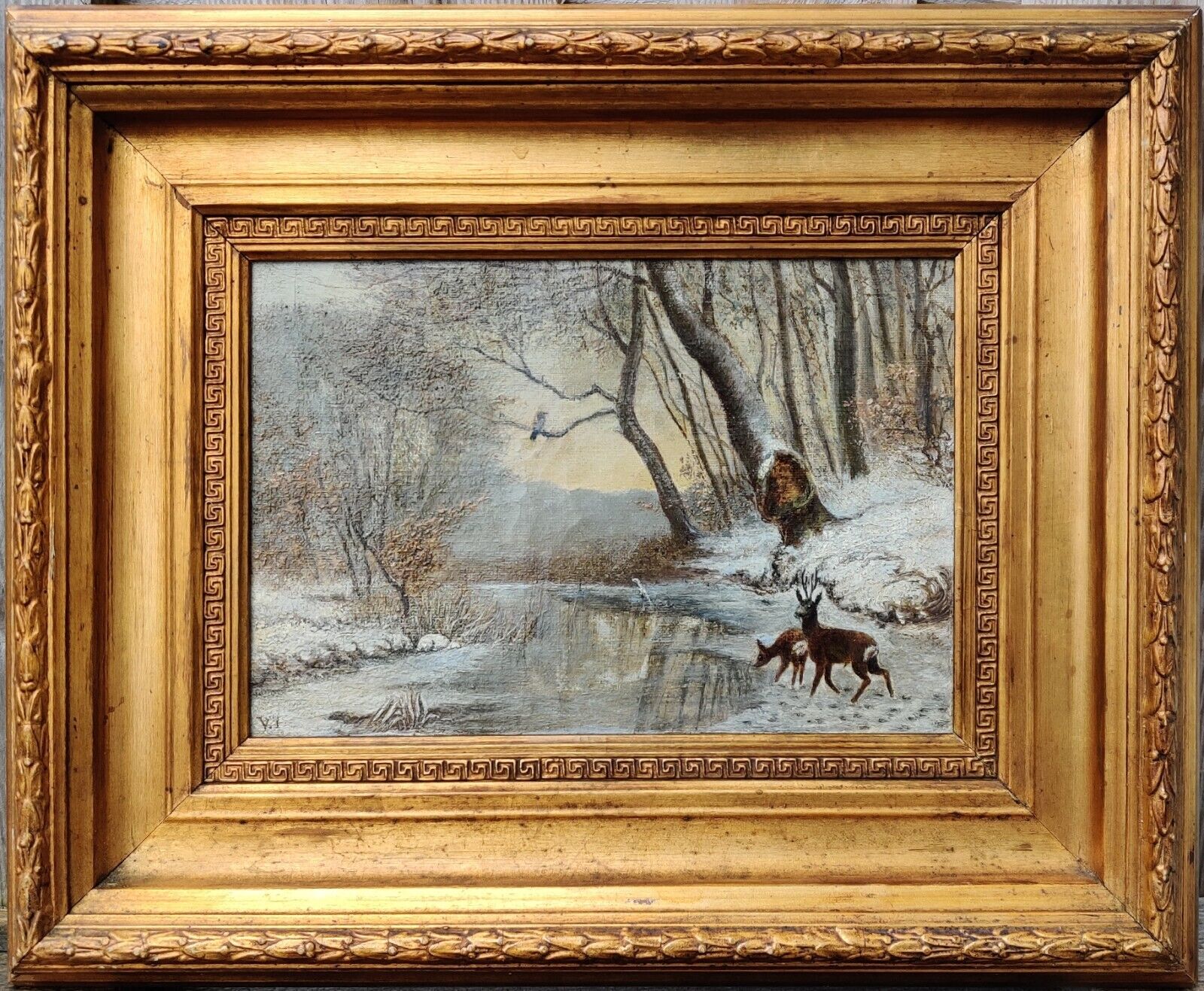 DEER DRINKING WATER IN WINTER FOREST original oil painting