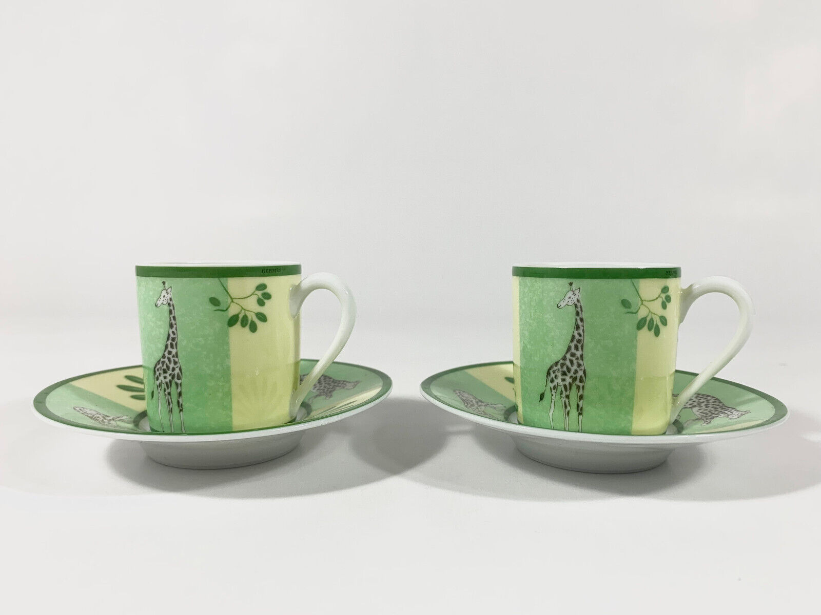 2x Hermes Africa Green Demitasse Espresso Coffee Cup and Saucer