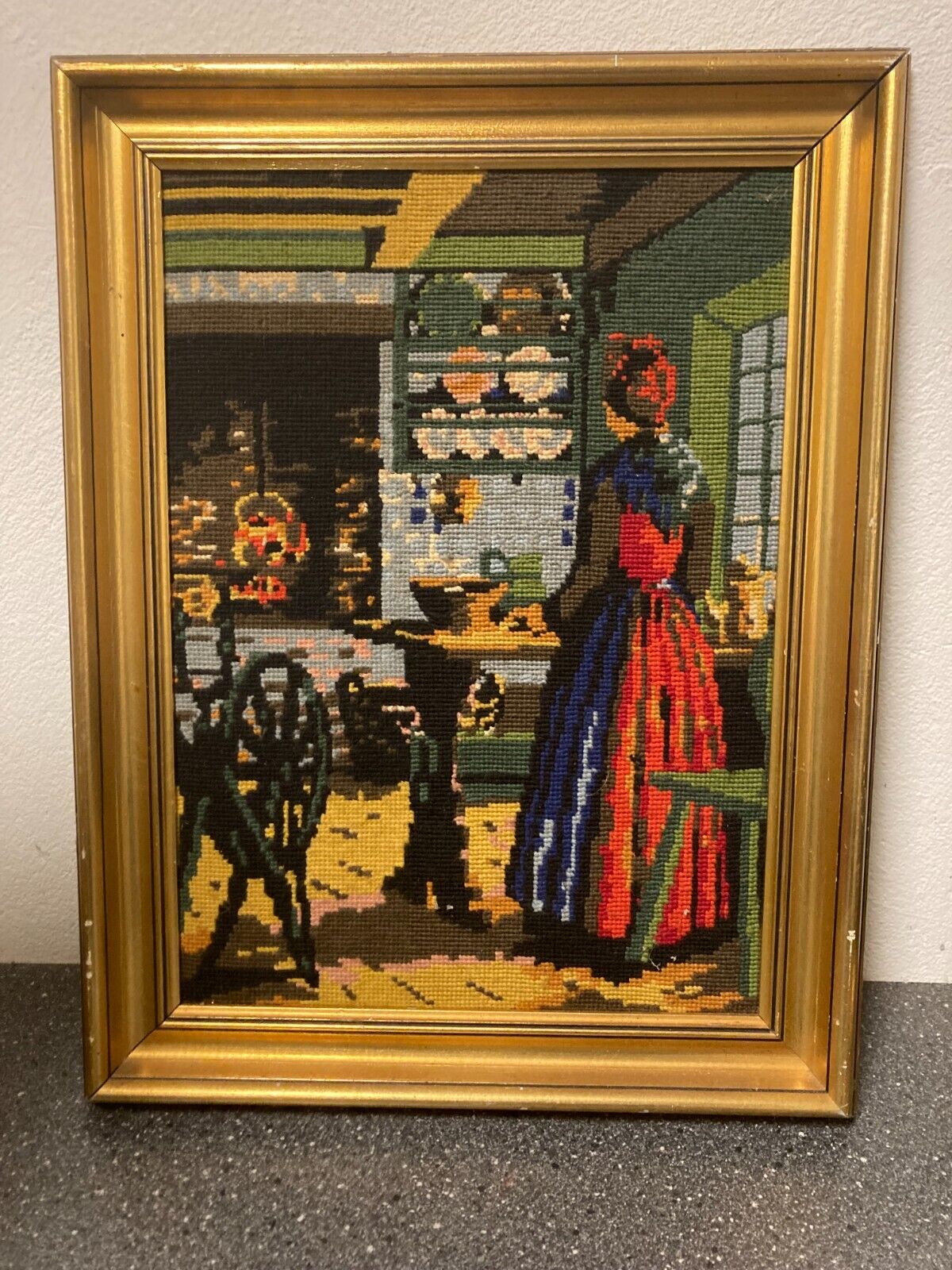 Danish Rustic Cottage Cross-Stitch Artwork Spinning Wheel W37cm L47 Framed