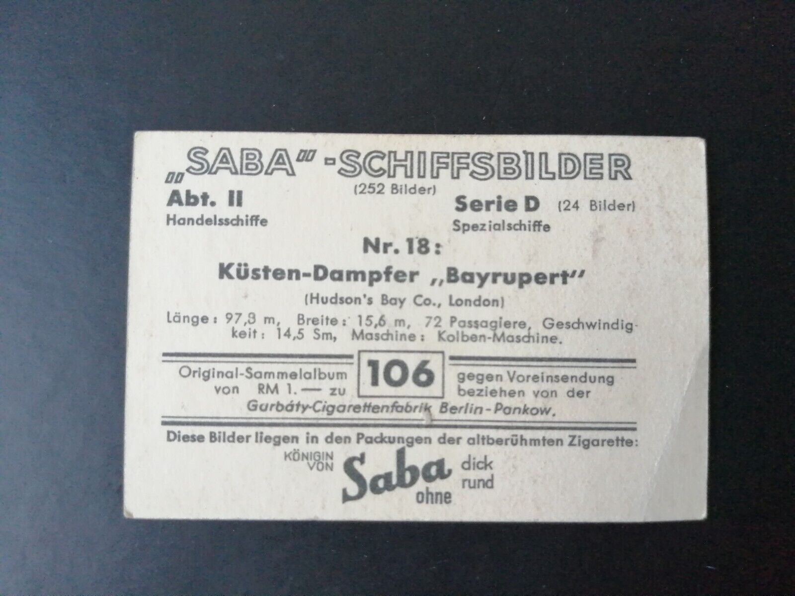 German SABA tobacco ship trading card 1931-33No 106 "Bayrupert" London