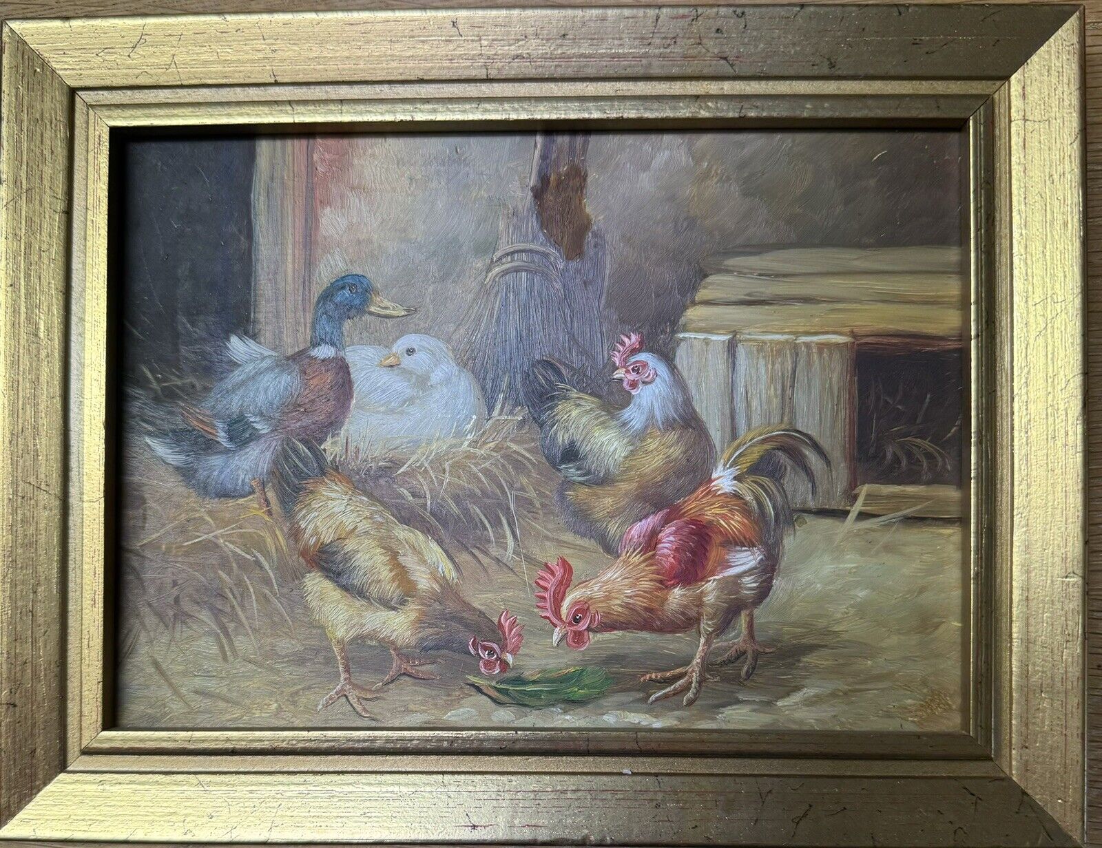 Vintage Oil Painting: Farm Life With Chicken And Duck Walking Around