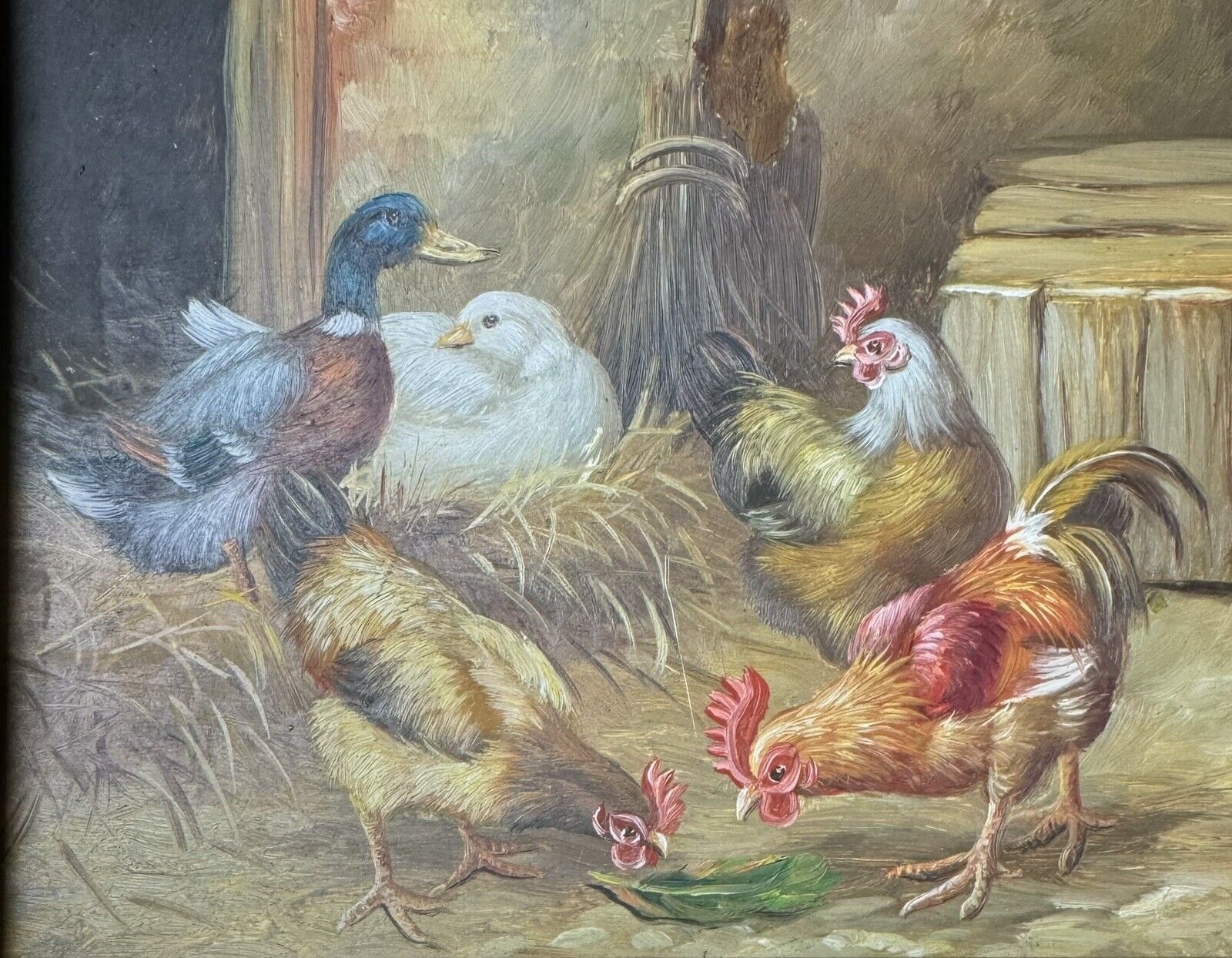 Vintage Oil Painting: Farm Life With Chicken And Duck Walking Around