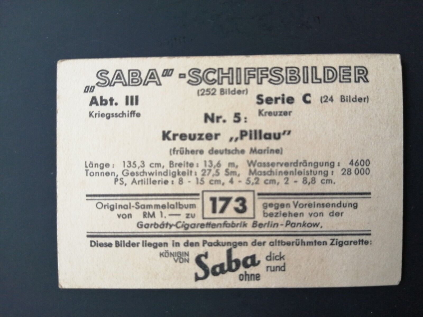 German SABA tobacco ship trading card 1931-33No 173 Kreutzer "Pillau "