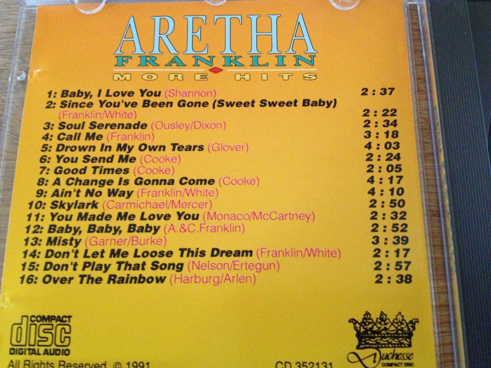 ARETHA FRANKLIN´  "MORE HITS" 1991 CD ALBUM 16 TRACKS  PRINCESS RECORDS USED OOP