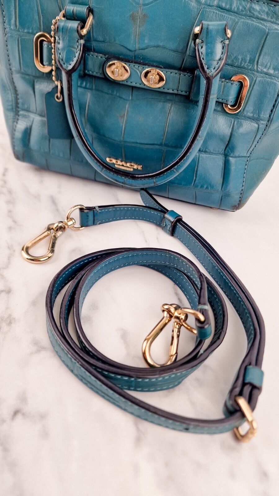 Coach Mini Blake Carryall Teal Croc Embossed Leather Handbag Crossbody F37665