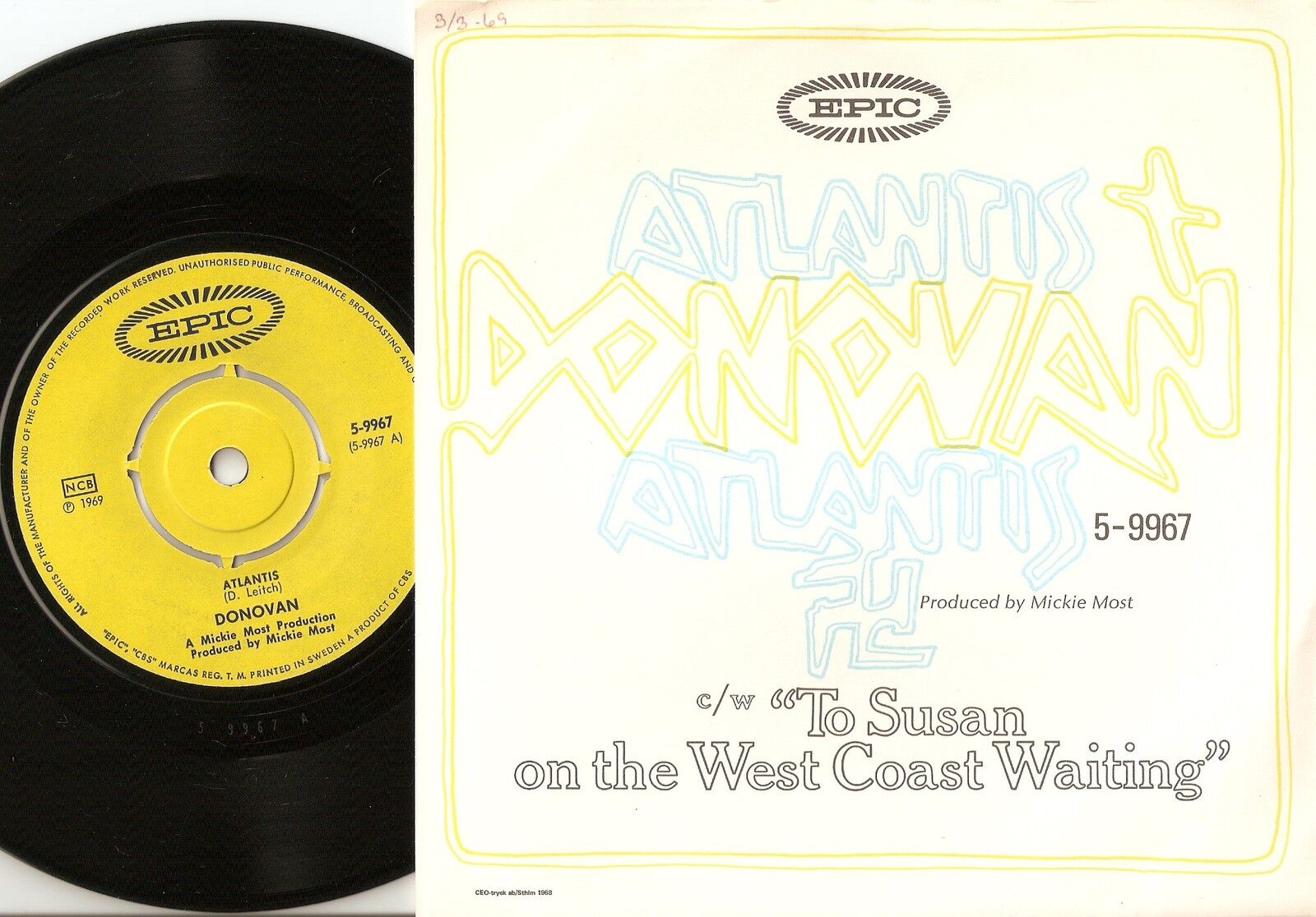 DONOVAN ATLANTIS  TO SUSAN ON THE WEST COAST SWEDISH 45+PS 1969 MOD BEAT PSYCH