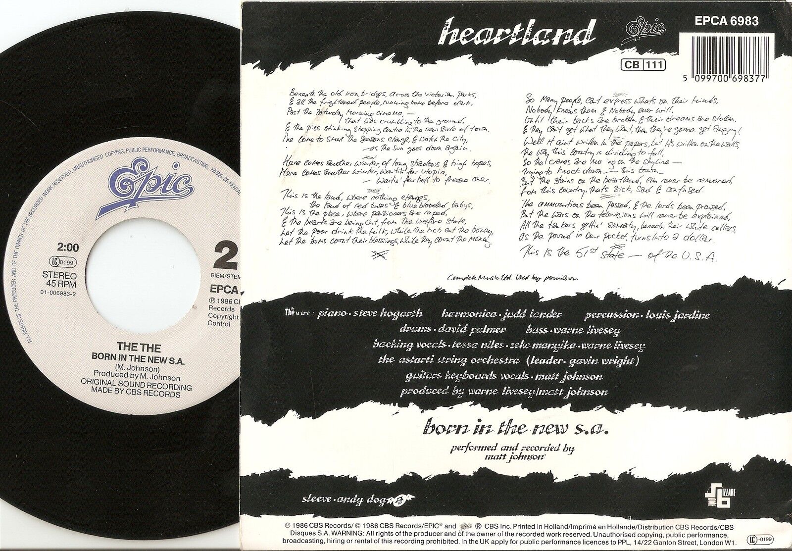 THE THE HEARTLAND  BORN IN THE NEW SA DUTCH 45+PS 1986 INDIE PUNK BRIT POP