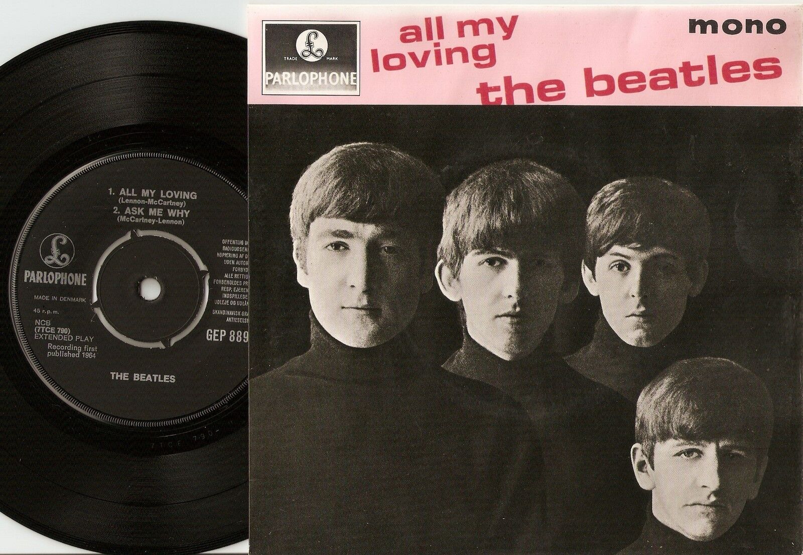 THE BEATLES ALL MY LOVING EP DANISH 45+PS 1964 MONO LAMINATED FLIPBACK