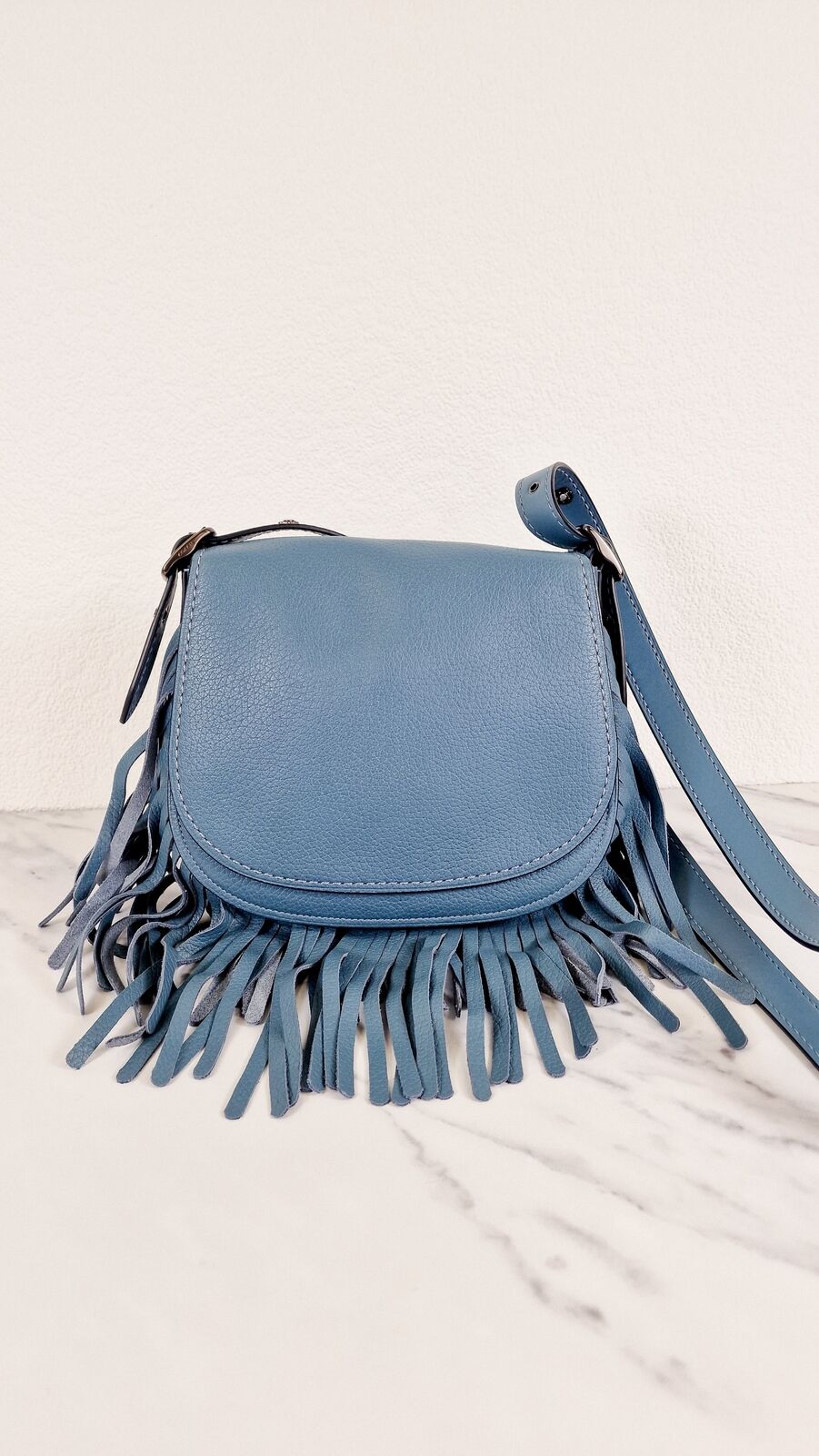 Coach 1941 Saddle 23 Fringe Blue Pebbled Leather Flower Crossbody Flap Bag 29240