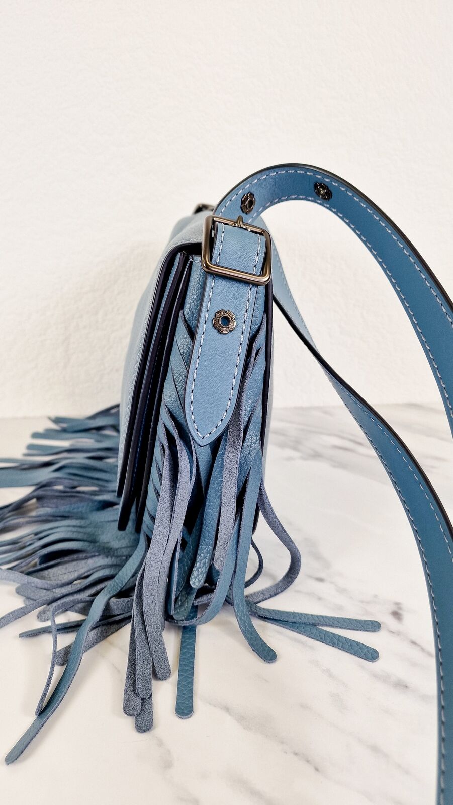 Coach 1941 Saddle 23 Fringe Blue Pebbled Leather Flower Crossbody Flap Bag 29240