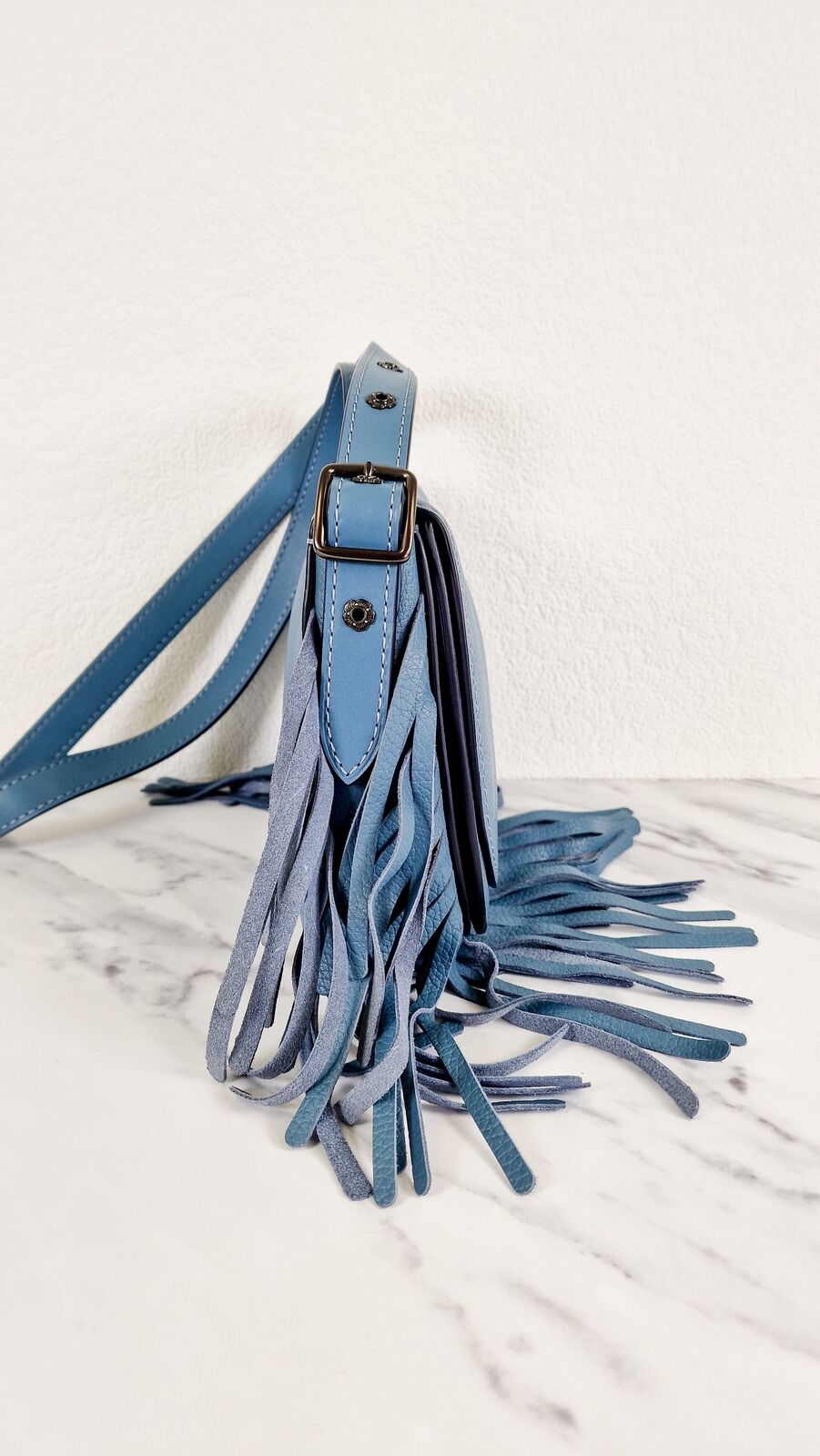 Coach 1941 Saddle 23 Fringe Blue Pebbled Leather Flower Crossbody Flap Bag 29240