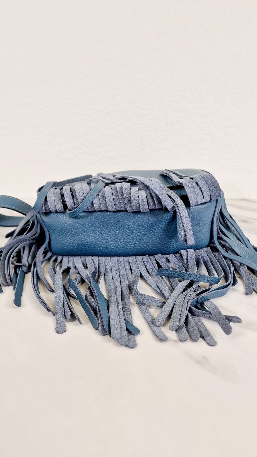 Coach 1941 Saddle 23 Fringe Blue Pebbled Leather Flower Crossbody Flap Bag 29240