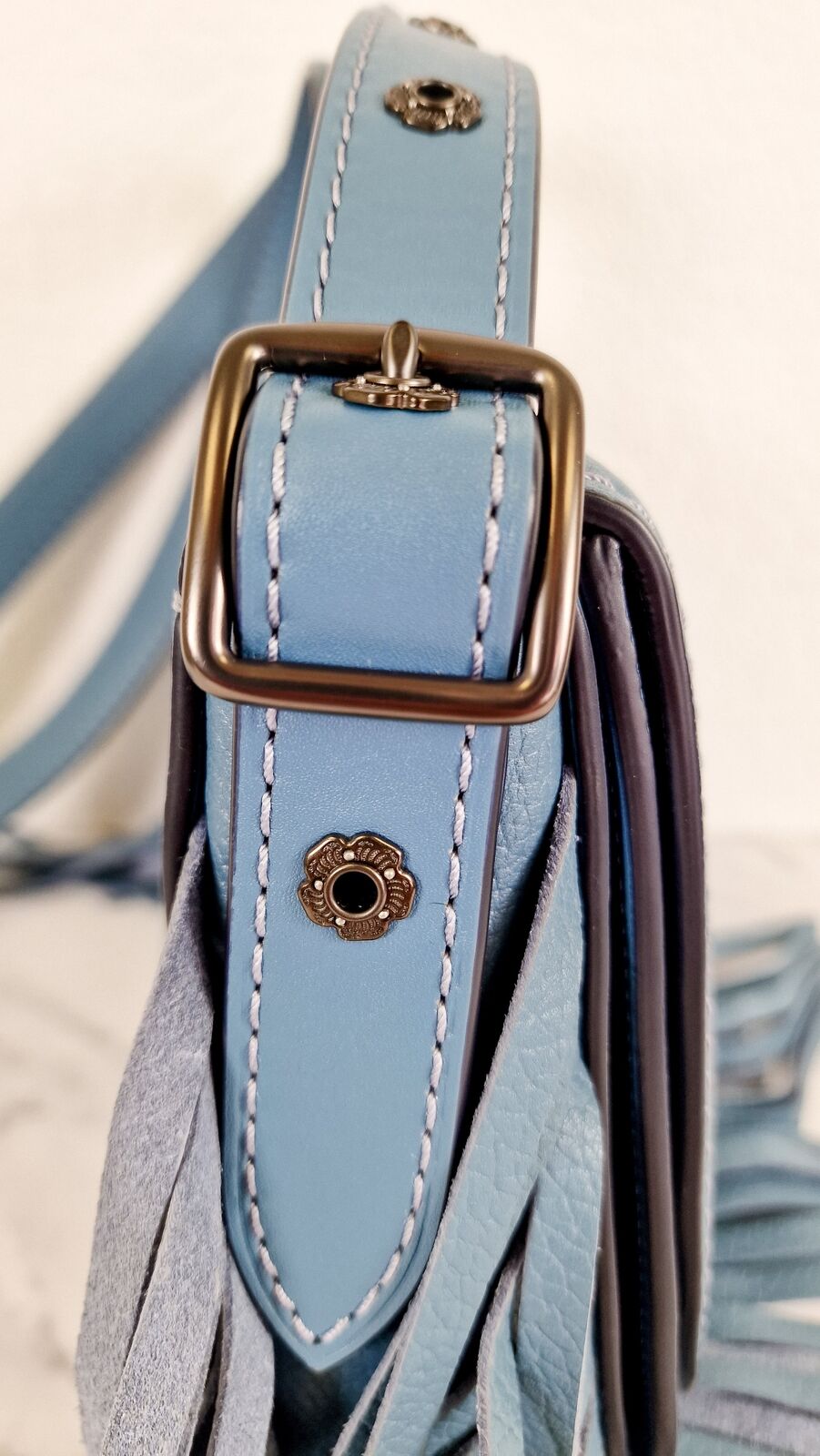 Coach 1941 Saddle 23 Fringe Blue Pebbled Leather Flower Crossbody Flap Bag 29240