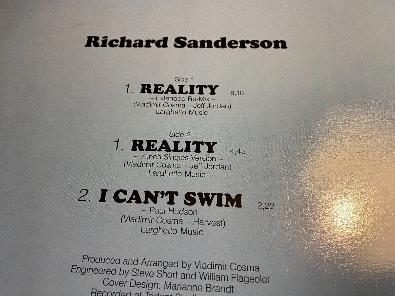 RICHARD SANDERSON "REALITY" 1987 12" VINYL MAXI SINGLE FRITURE RECORDS ST 45 NCB