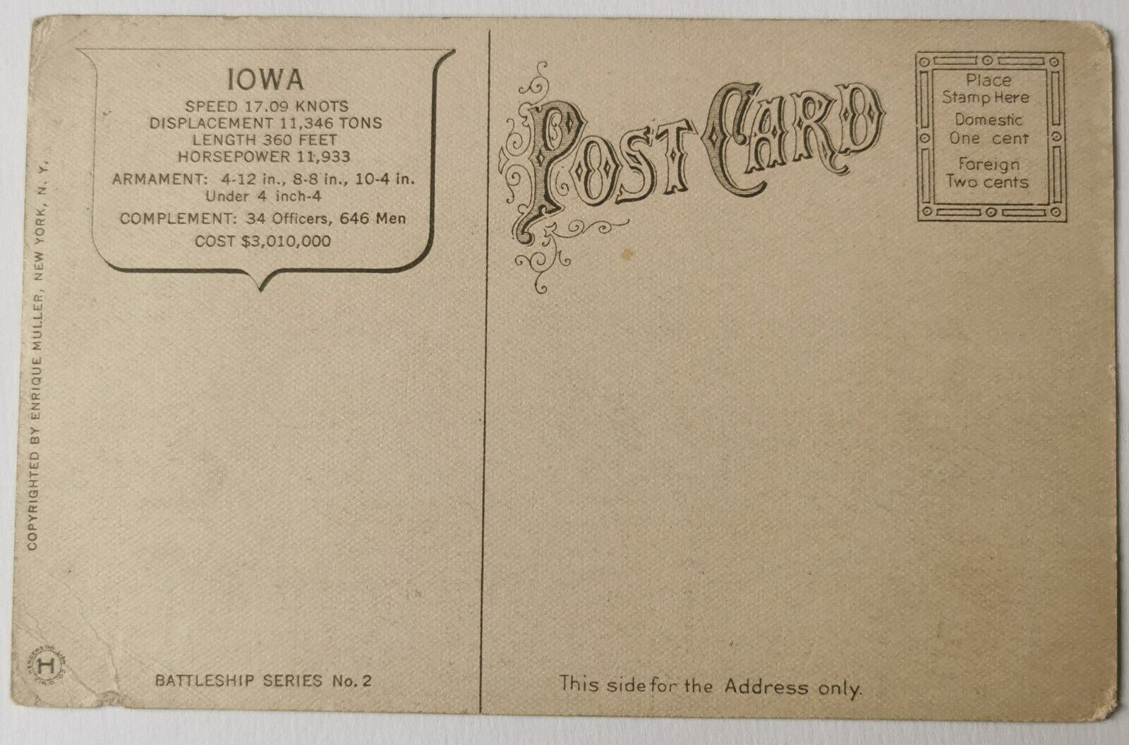 Vintage unused postcard: American battleship motif U S S IOWA    Pok1045