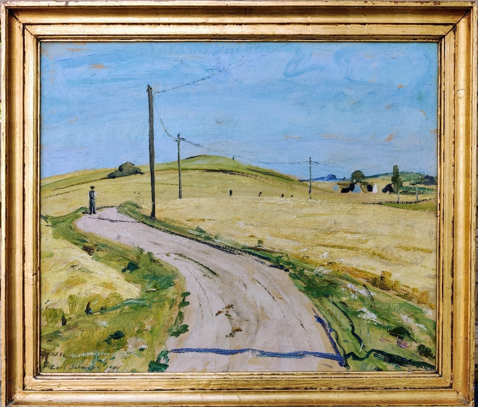 Carl Schwenn (1888-1973): LANDSCAPE, MAN ON THE ROAD, original oil painting