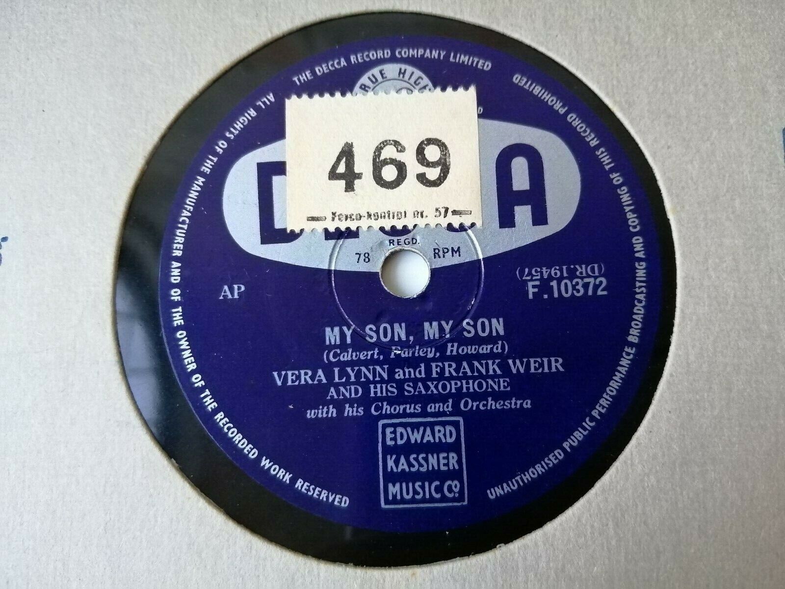 78 RPM  shellacVERA LYNN and FRANK WEIR and his saxophoneMy SonMy Son