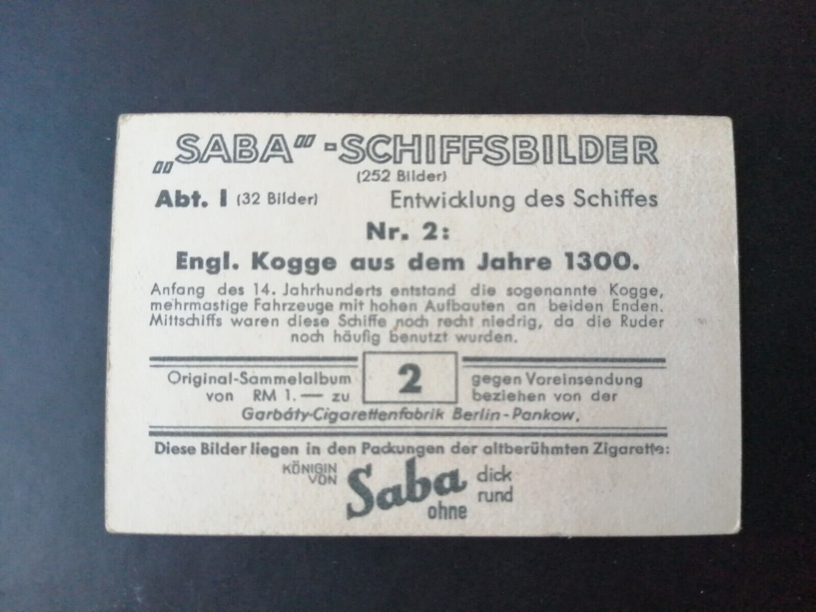 German SABA tobacco ship trading card 1931-33No 2 " English Kogge Jahr 1300