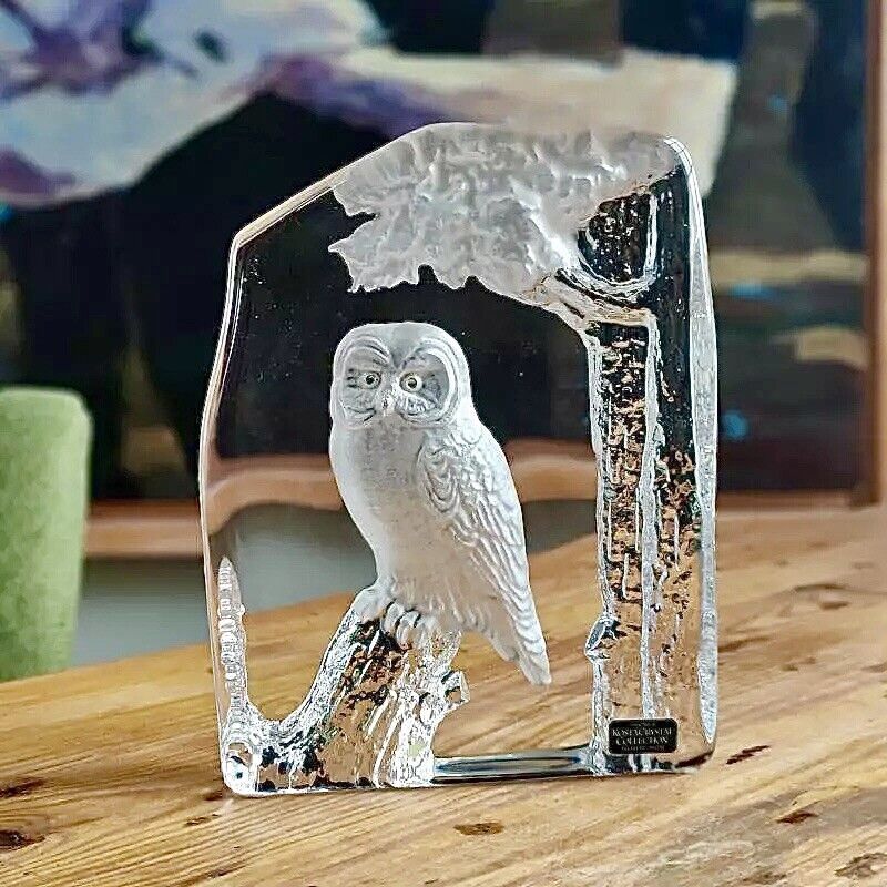 Vintage Kosta Boda Kjell Engman Etched Owl Art Glass Figurine Bird Statue Label