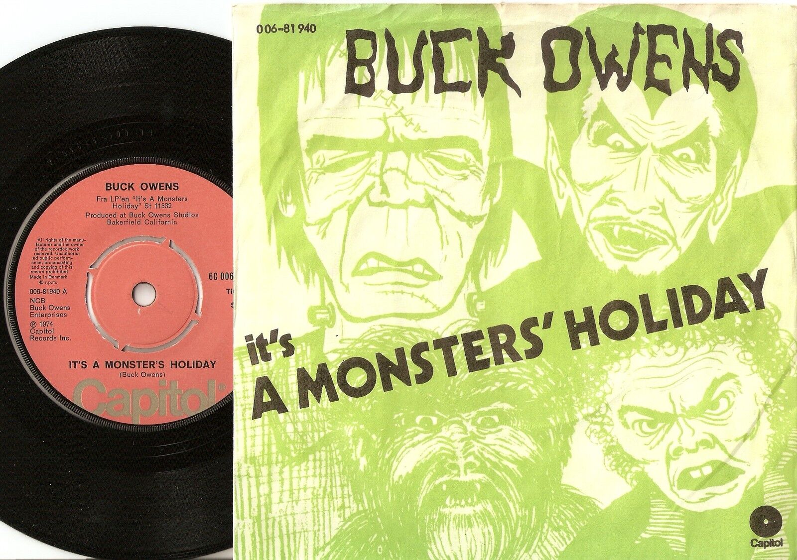 BUCK OWENS ITS A MONSTERS HOLIDAY DANISH 45+PS 1974 COUNTRY PSYCH ROCK