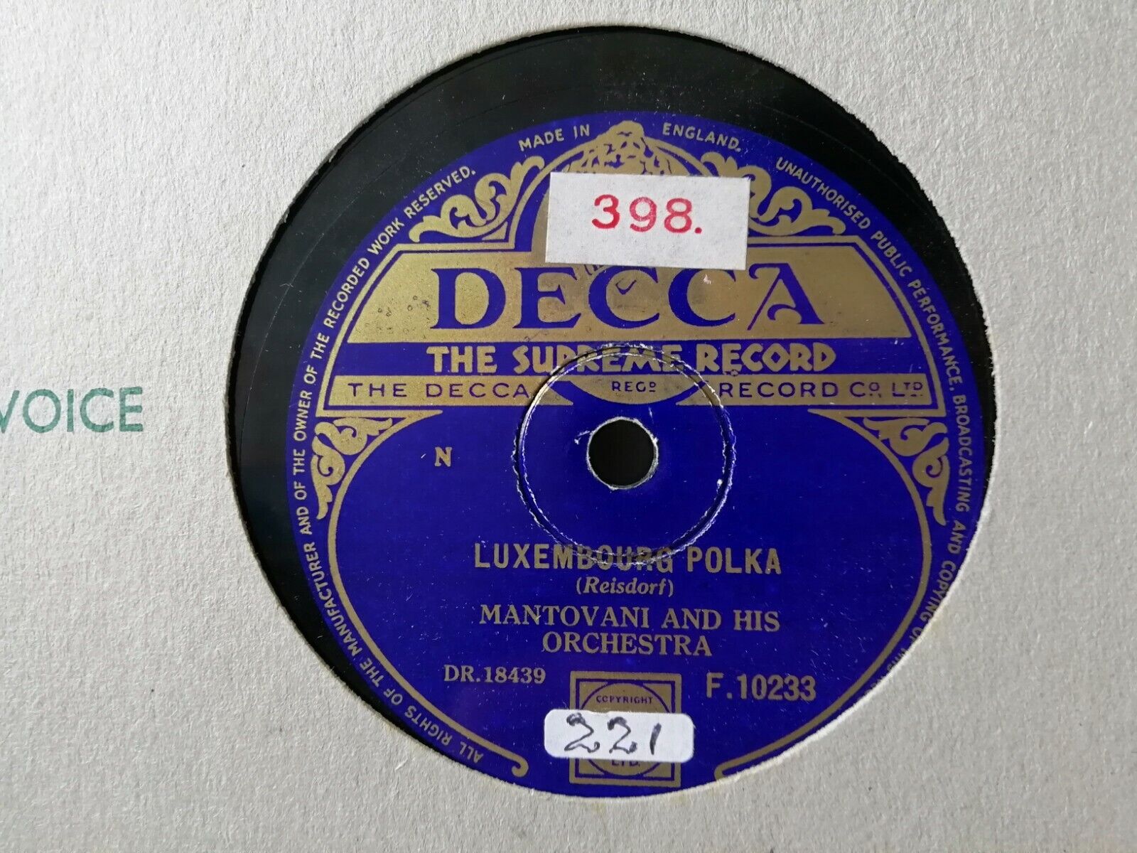 78 rpmMANTOVANILuxembourg Polka/Music Box Tango Decca F10233England