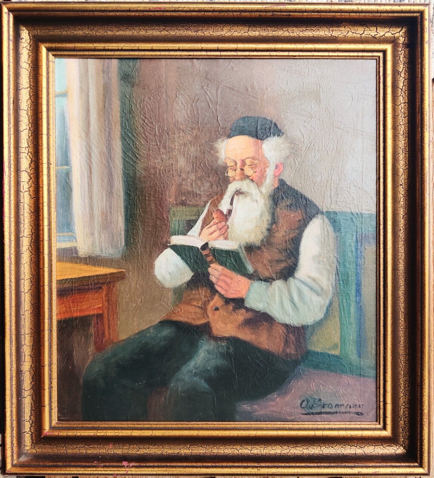 OLD MAN READING, original oil painting.