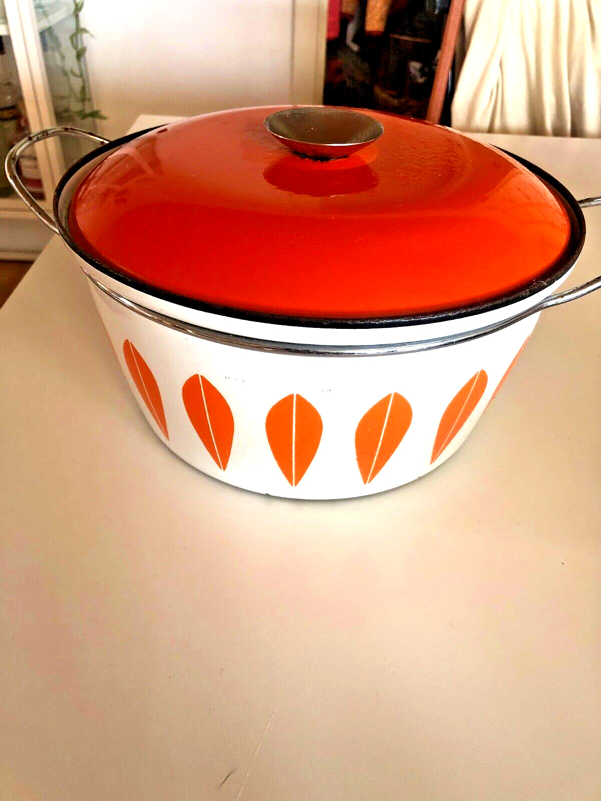 Vintage Cathrineholm Lotus Norway Pot+Lid 11" White / Orange Enamel