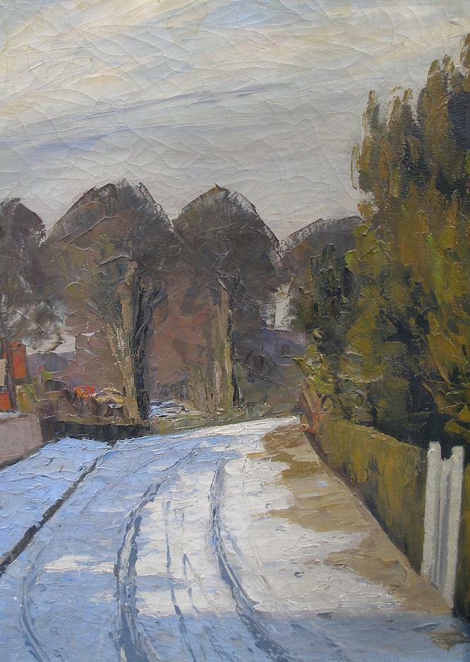 Arthur Nielsen (1883) Snow Covered Village Road with Tire Tracks ca 1920s