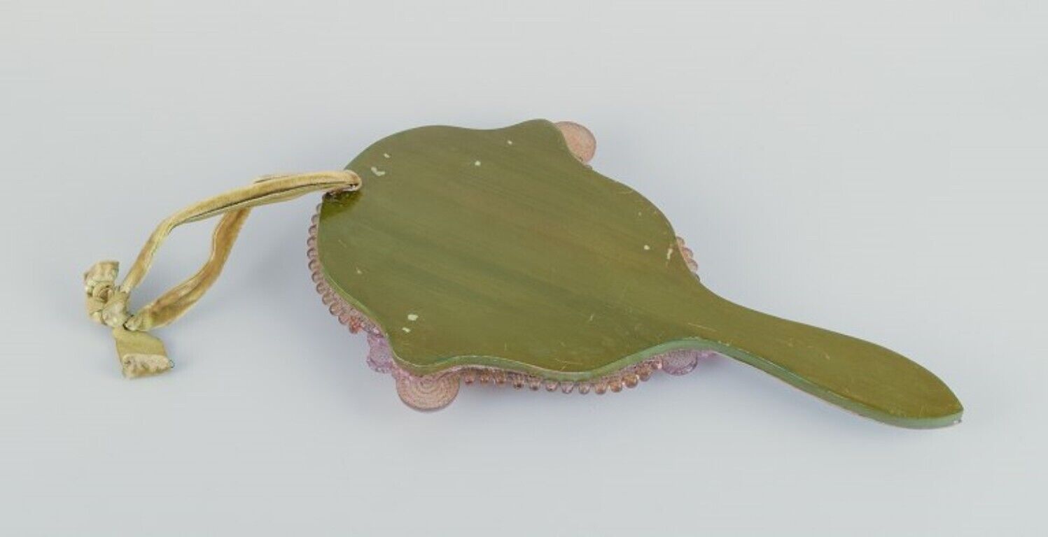 Murano Italy Hand mirror in art glass decorated with pink flowers 1970s