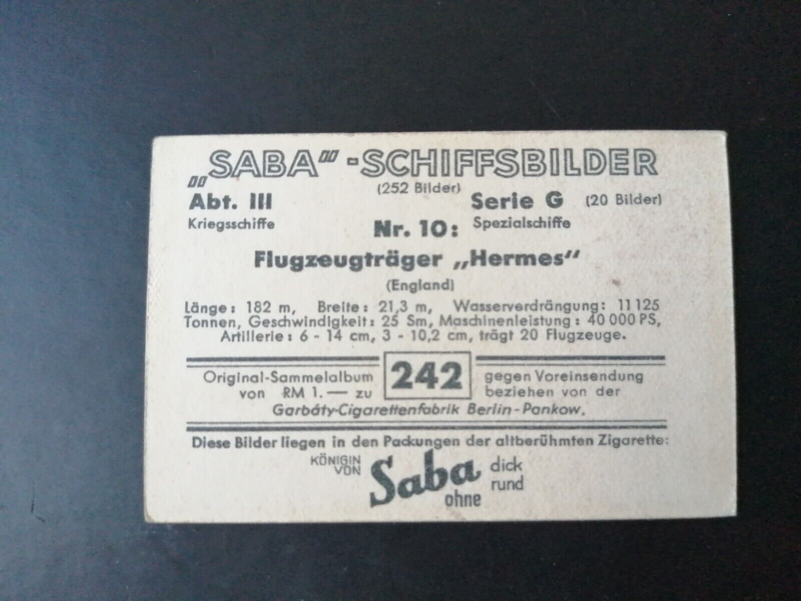 German SABA tobacco ship trading card 1931-33No 242 " Hermes" England