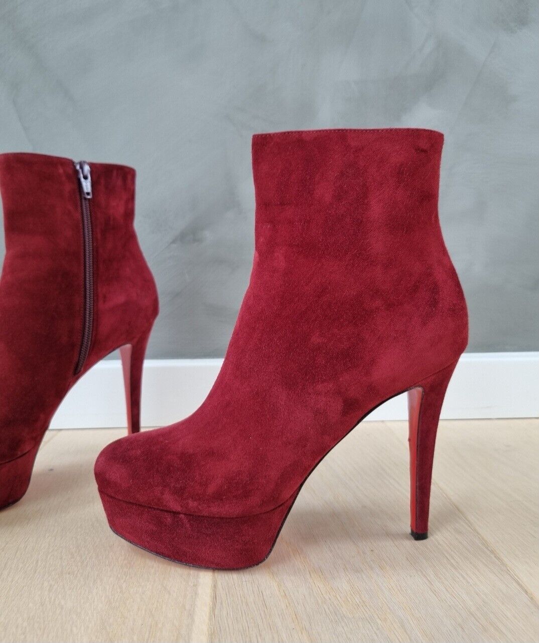 **Christian Louboutin** Burgundy Suede Bianca Booty 120 Ankle Boots Size 375