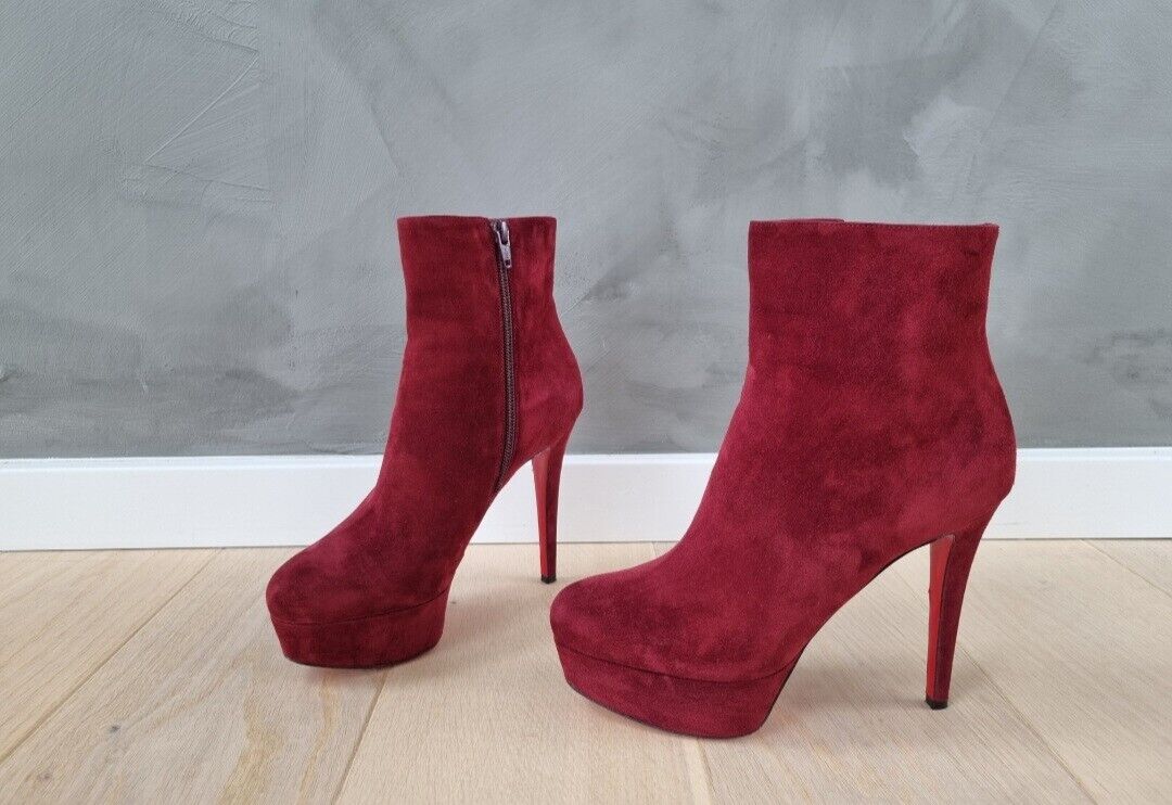 **Christian Louboutin** Burgundy Suede Bianca Booty 120 Ankle Boots Size 375