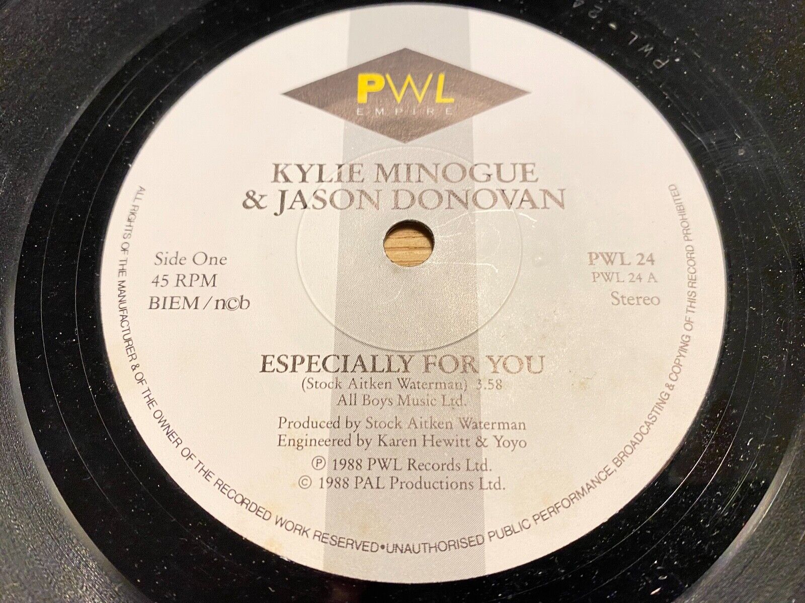 KYLIE MINOGUE  JASON DONOVAN "ESPECIALLY FOR YOU" 1988 7" SINGLE PWL RECORD NCB