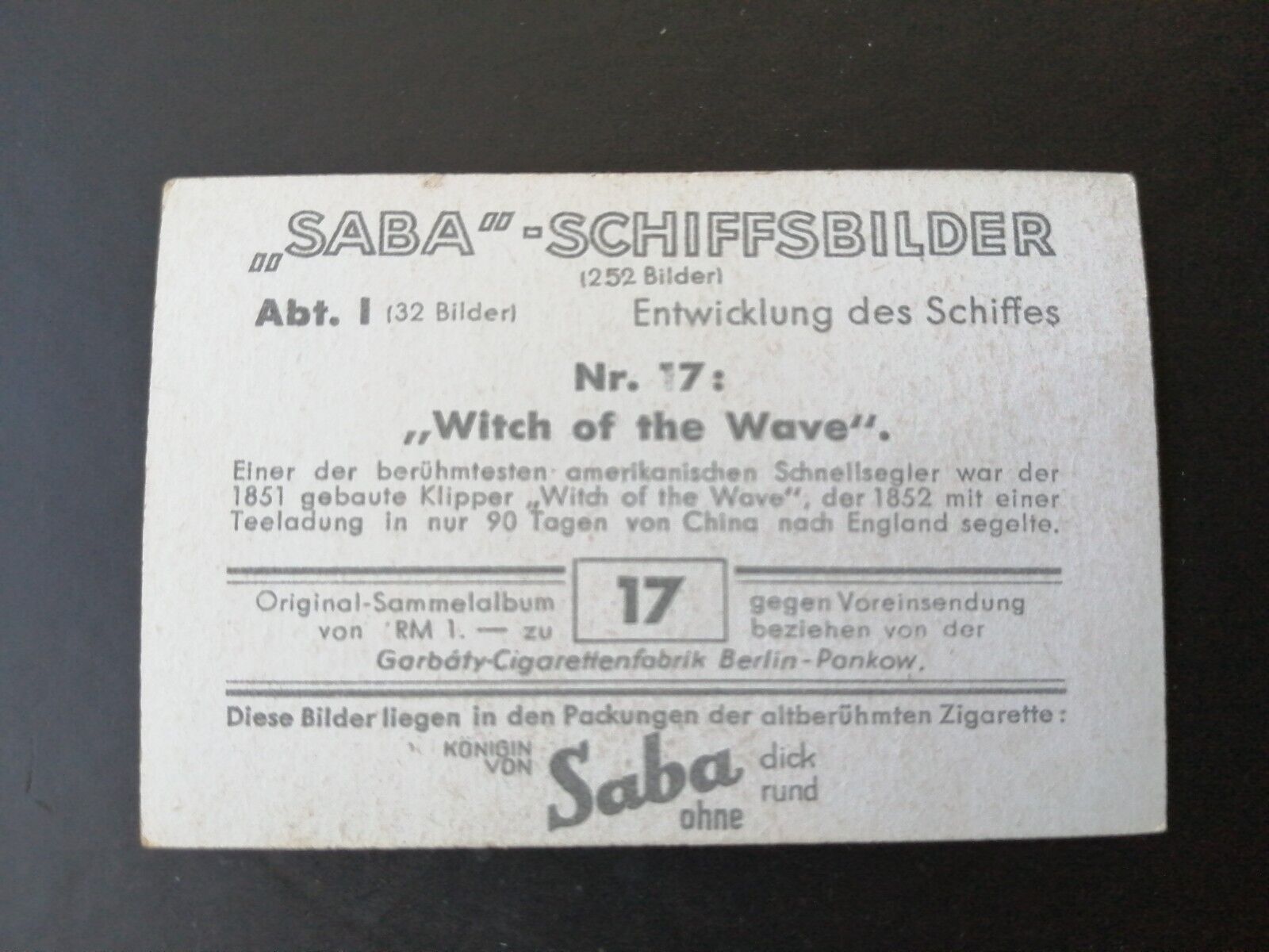 German SABA tobacco ship trading card 1931-33No 17 "Witch of the Wave" USA 1851