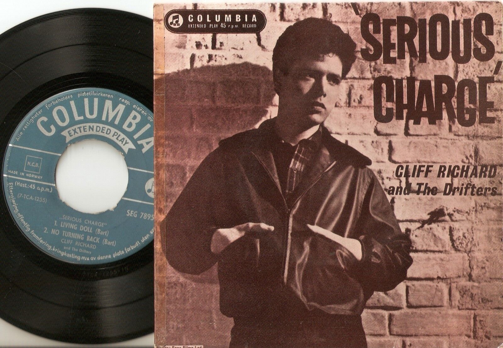 CLIFF RICHARD  THE DRIFTERS SERIOUS CHARGE LIVING DOLL EP NORWAY 45+PS 1959 RR