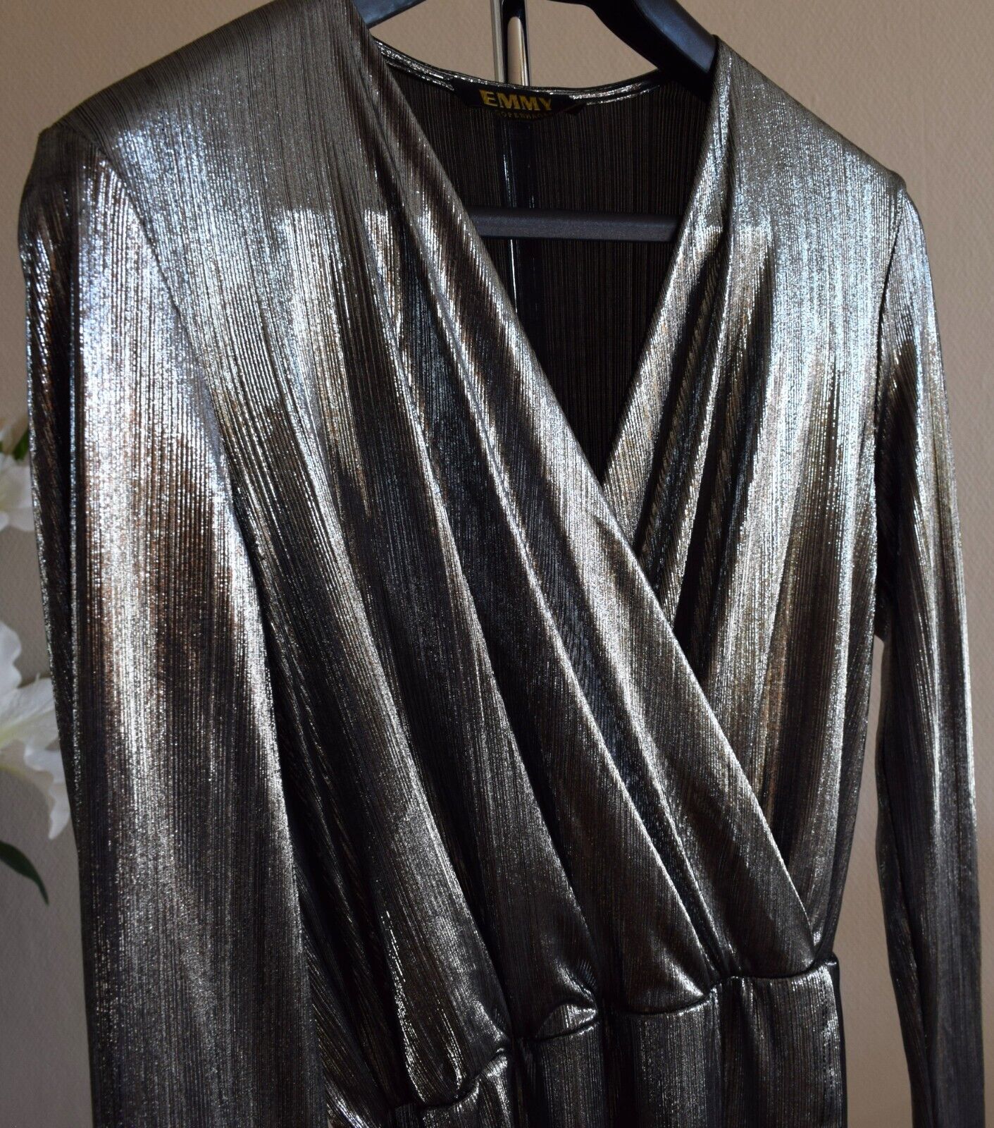 Silver Metallic Long Sleeve Party Split Long Dress V-Neck NYE Christmas