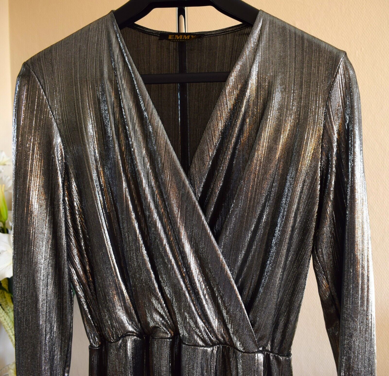 Silver Metallic Long Sleeve Party Split Long Dress V-Neck NYE Christmas