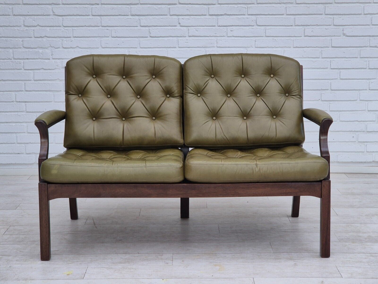 1970s Scandinavian 2 seater sofa in original condition green furniture leather