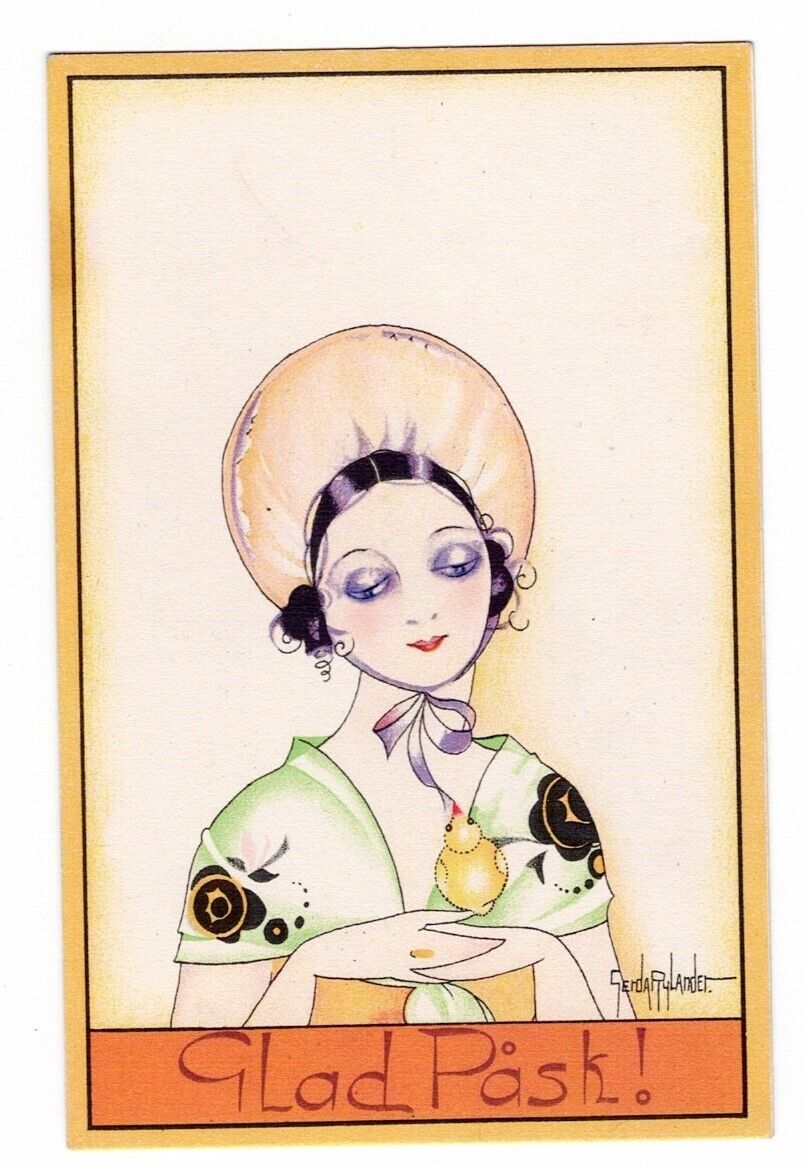 Vintage rare ARTIST SIGNED GERDA RYLANDER Easter postcard  - art deco lady VGC