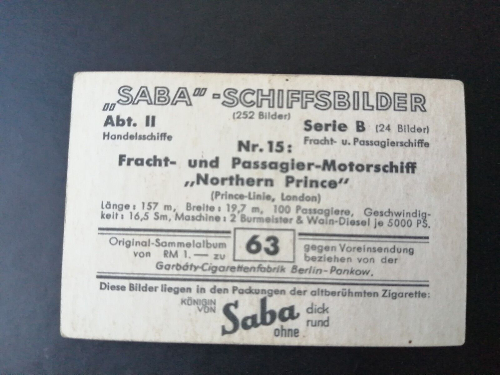 German SABA tobacco ship trading card 1931-33No 63 "Northern Prince" London