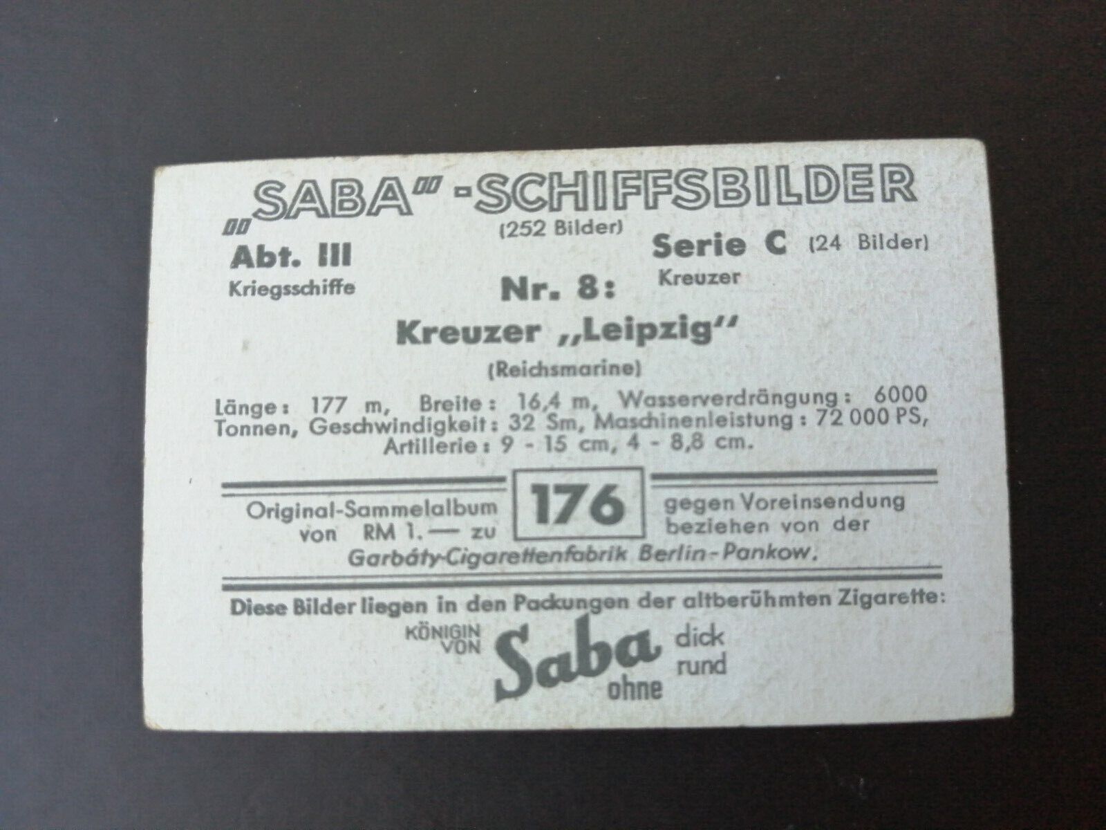 German SABA tobacco ship trading card 1931-33No 176 Kreuzer "Leipzig"