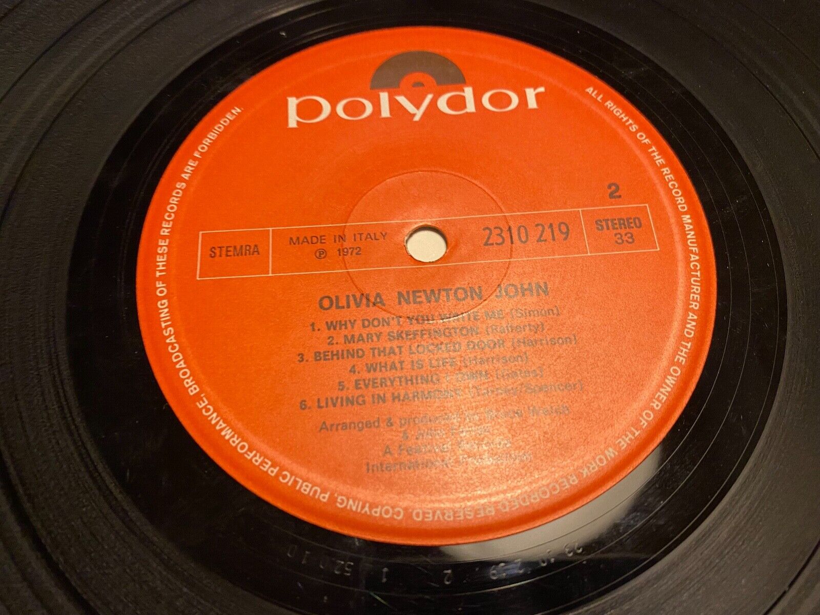 OLIVIA NEWTON JOHN 1972 POLYDOR RECORDS 12 SONGS ITALIAN PRESSING STEMRA