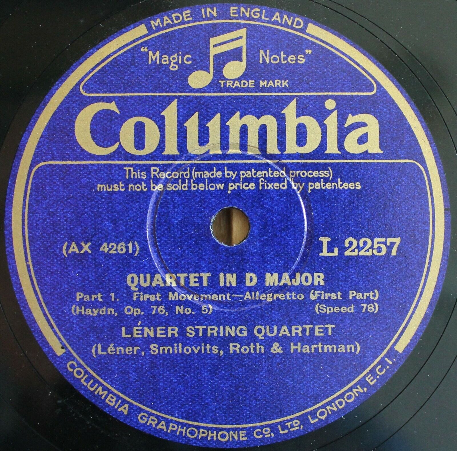 Lener SQ Haydn (Quartet op 765) Col L 2257-9 (3) NM(-)