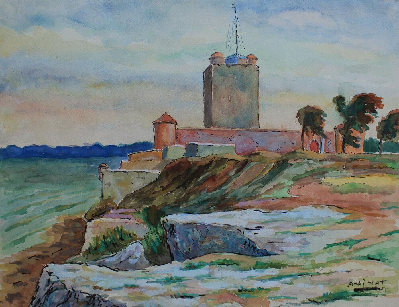 Paul Aninat watercolor French artist Fortress with tower by the sea 1957